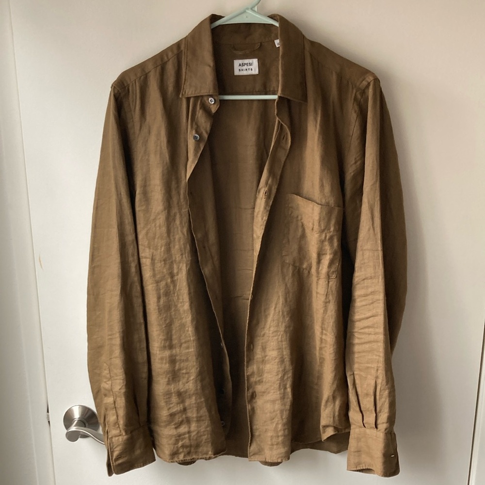 Aspesi Olive/Brown Linen Shirt Medium 15 3/4